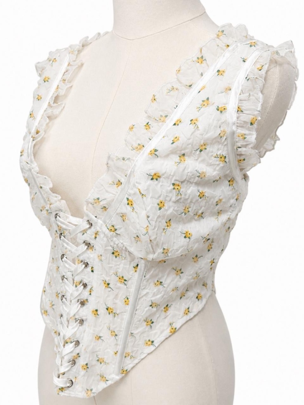PrettyLittleThing White Floral Ruffle Corset Top - Picture 3 of 6